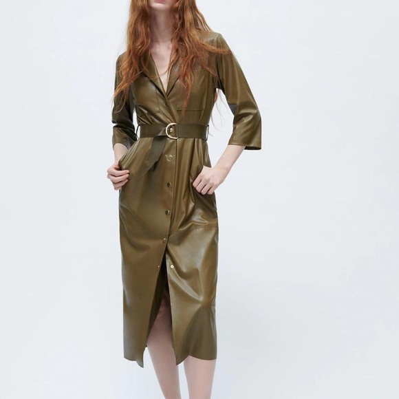 ZARA - Faux Leather Maxi Shirt Dress w Belt - Picture 15 of 16